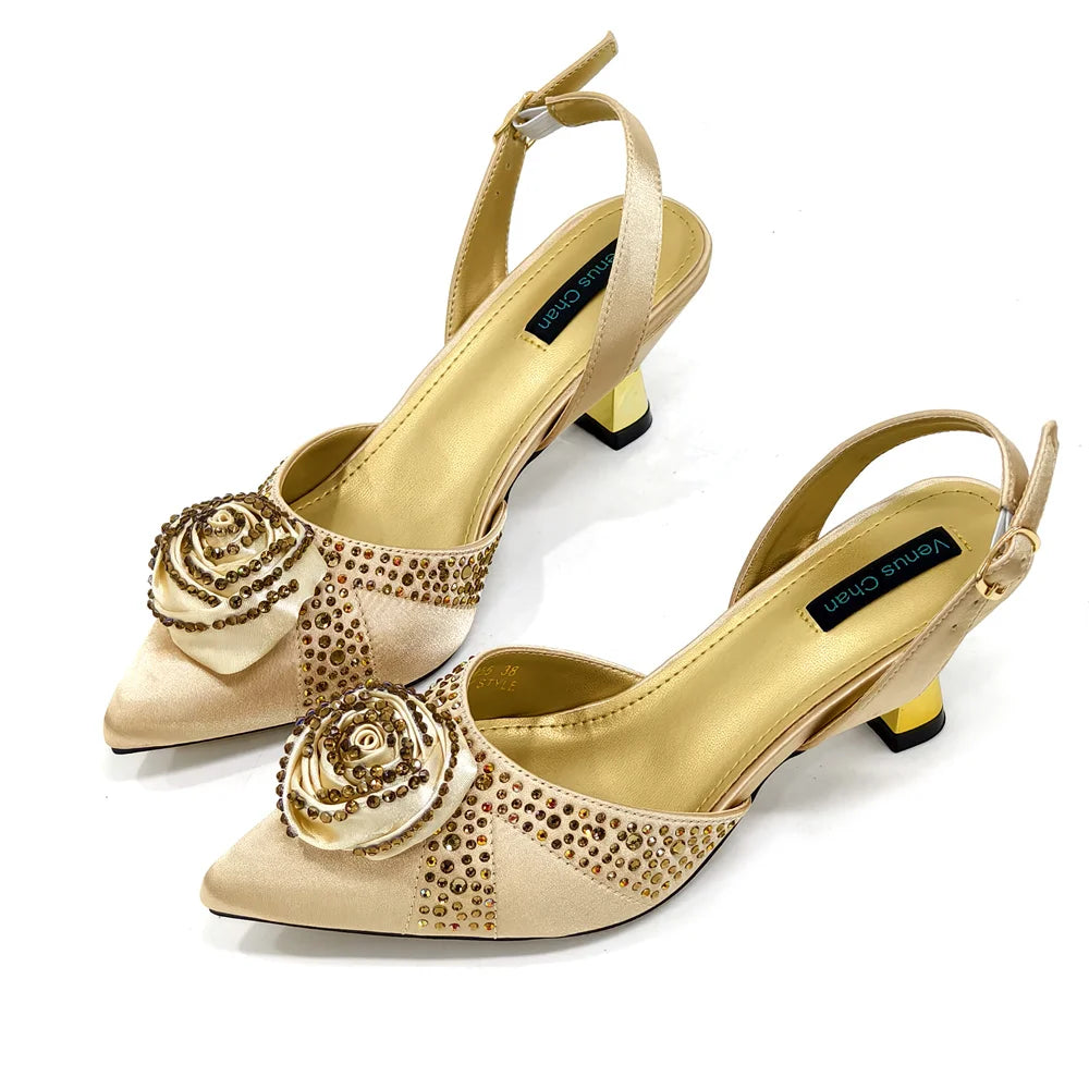 Elegant Rhinestone-Embellished Brown Heeled Shoes and Handbag Set for Women with Floral Decoration – Perfect Small Size Fashion