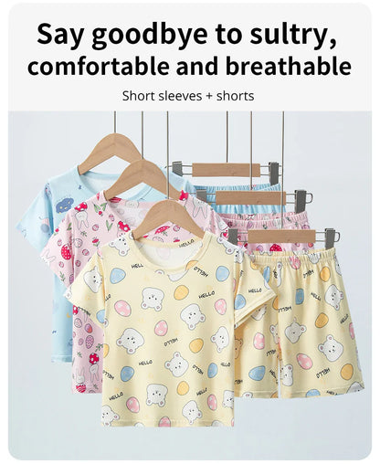 2-piece Summer Children's Comfortable And Versatile Cute Short sleeved Shorts Set For Boys And Girls Casual Home And Outdoor Set
