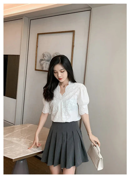 2026 Summer Embroidery Puff Sleeve Linen Cotton Women Blouse Spring Casual White Hollow Out Tops Short Sleeve Shirt