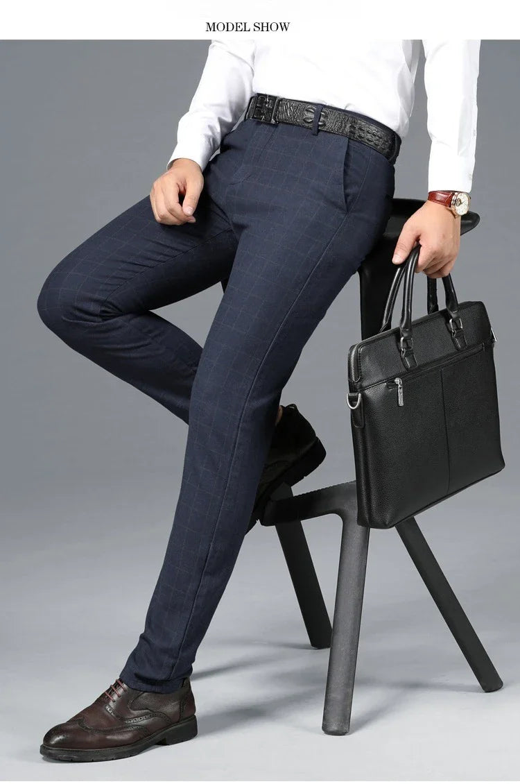 Spring Summer Business Men's Casual Pants Fashion Grid Design Versatile Comfortable Slim Straight Legs Elastic Male Trousers