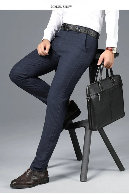 Spring Summer Business Men's Casual Pants Fashion Grid Design Versatile Comfortable Slim Straight Legs Elastic Male Trousers
