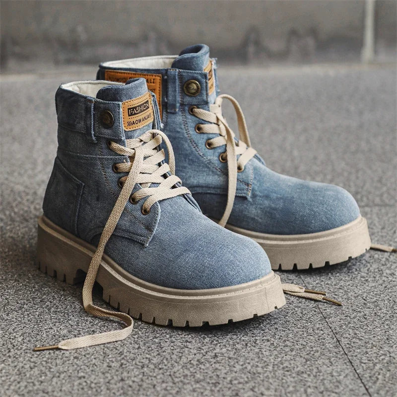 Breathable Men Boots Winter Denim Cloth Mens Ankle Boots Retro Work Boots Platform Men Casual Shoes Handmade High Top Shoes