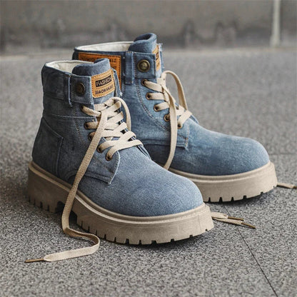 Breathable Men Boots Winter Denim Cloth Mens Ankle Boots Retro Work Boots Platform Men Casual Shoes Handmade High Top Shoes