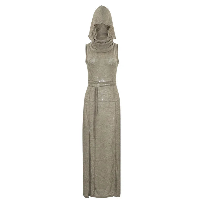 European And American Style Sleeveless Hooded Dress Long Split Hollow out Pure Color Women's Gown