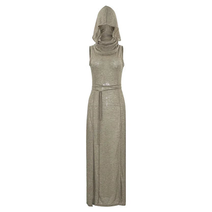 European And American Style Sleeveless Hooded Dress Long Split Hollow out Pure Color Women's Gown