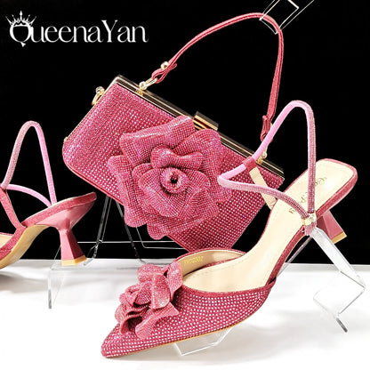 Large Flower Design Shoes & Bag Nigerian Coffee Color Women's Stiletto Shoes For Special Good Time INS Style
