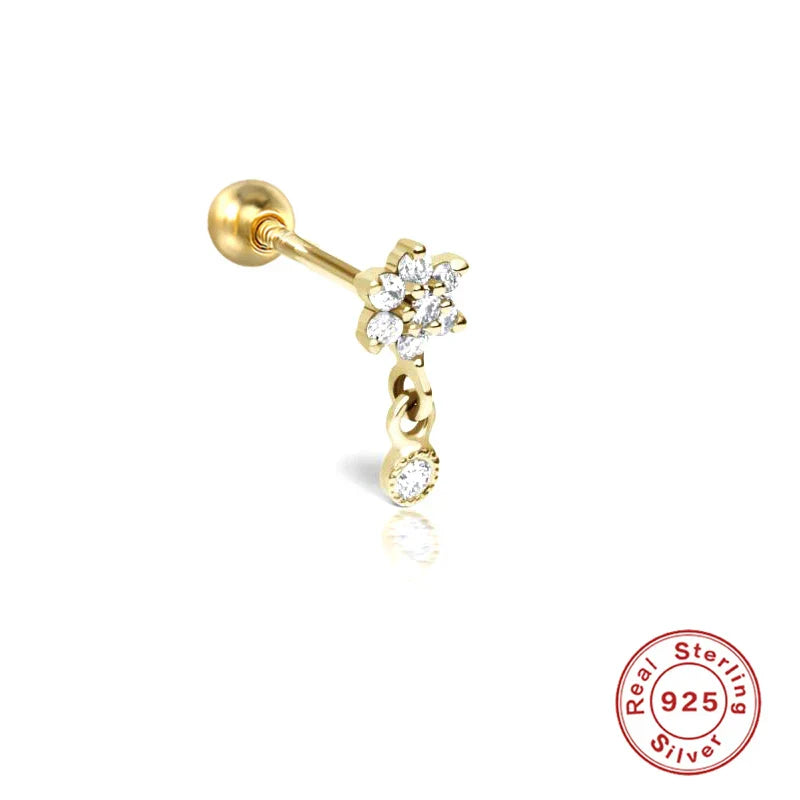 1PC Four Pointed Star Moon Tassel Lotus Cartilage Spiral Puncture 925 Sterling Silver Stud Earring For Women Ins Earring