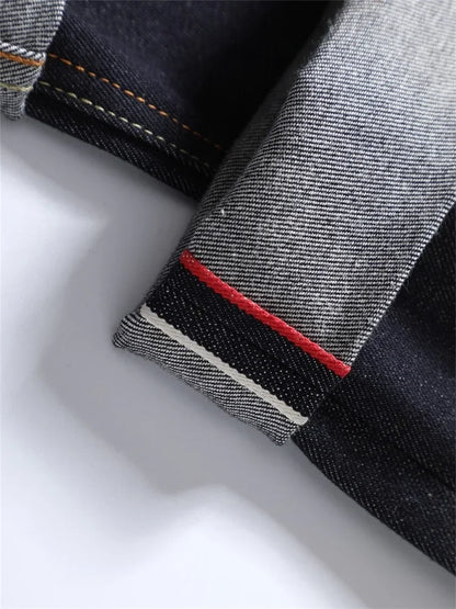Men's Japanese Handmade Embroidered Jeans Pure Cotton Straight Tube Hip-Hop Popular Slim Red Ears Show Thin Trousers Devil Black