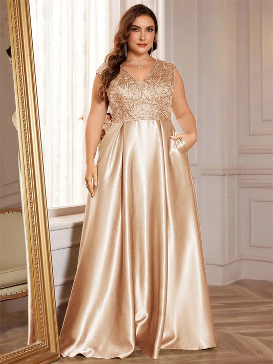 Plus Size Gold Luxury V-Neck Sequins Embroidery With Pocket  Evening Dresses Elegant Women Wedding Party Cocktail Gowns Event