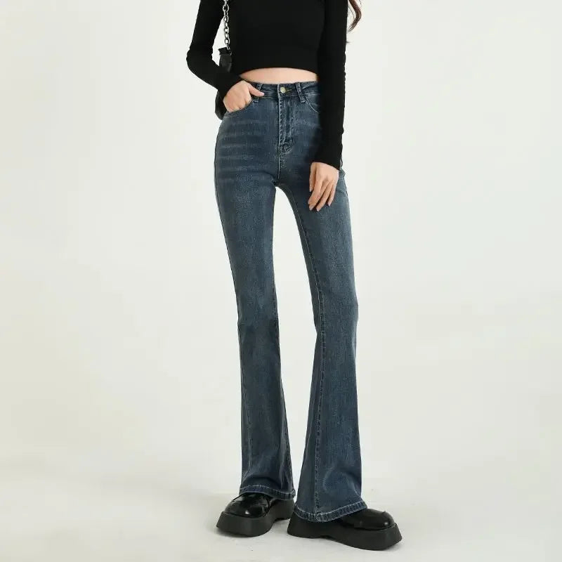 White Straight-leg Jeans Women's High-waisted Elastic Slimming Bootcut Pants Microflare Waistline Shredded Leggings Fashion