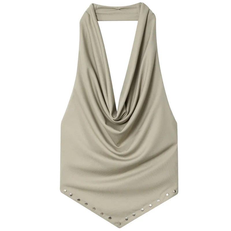 2025 Rivet Halter Neck Tops For Woman Autumn Sexy Crop Ruffled Tanks & Camis Female Sleeveless Backless Tank Top Chic Vests