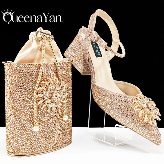 Fashion Design High-end Women's Shoes with Diamond Oval Stand Bag Women's High Heels for Special Day or Work