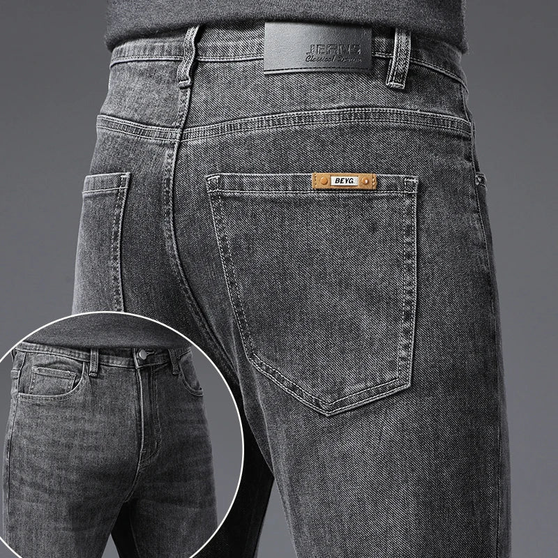 Calça Jeans Masculina Coreana Macia Elástica Slim Fit Negócios Casual Reta Jeans Clássica Marca Azul Lavado Cinza