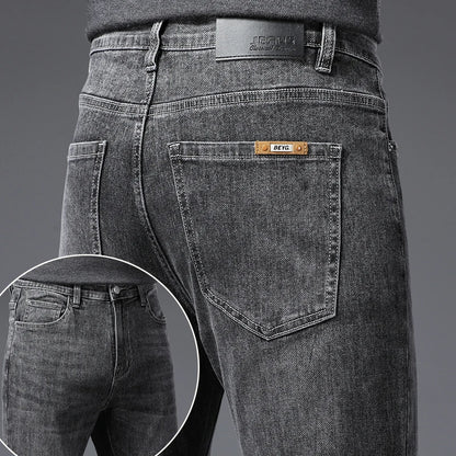Calça Jeans Masculina Coreana Macia Elástica Slim Fit Negócios Casual Reta Jeans Clássica Marca Azul Lavado Cinza