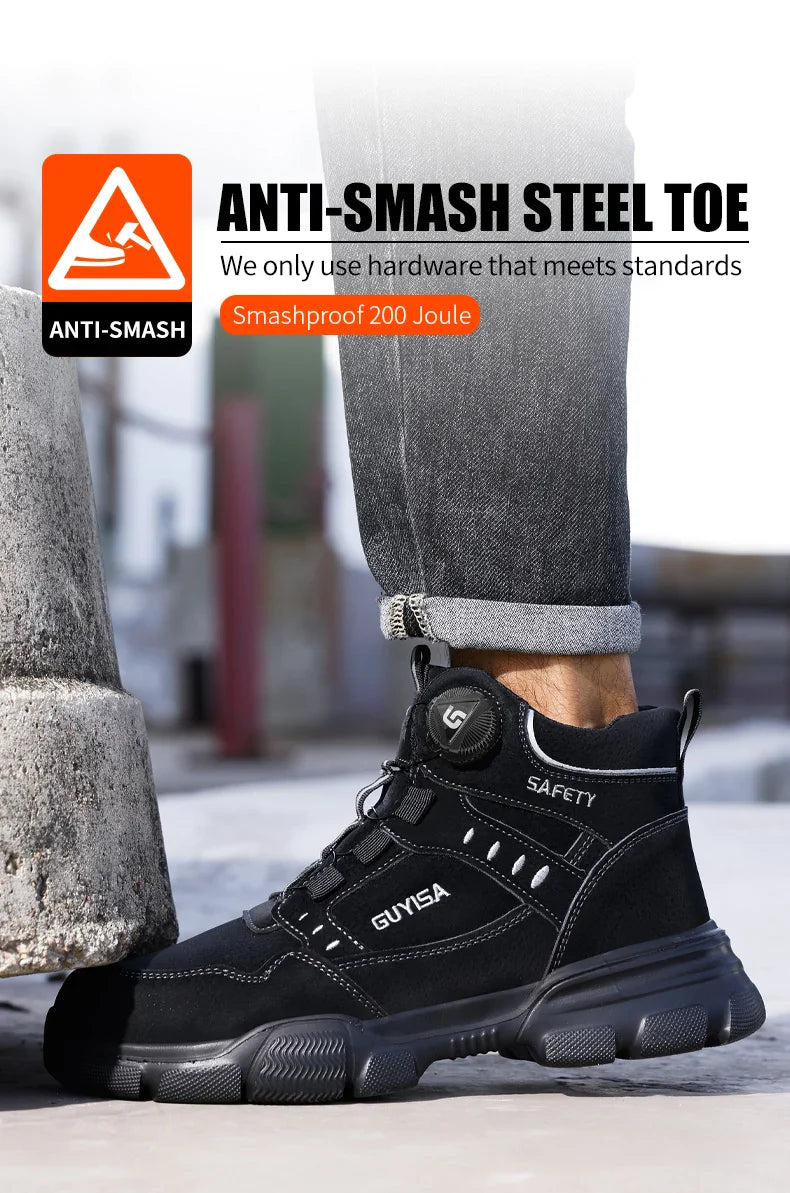 Men's Steel Head Work Shoes Anti Smash and Anti stab Khaki High Top Intelligent Buckle Simple Fashion Industrial Style Pr