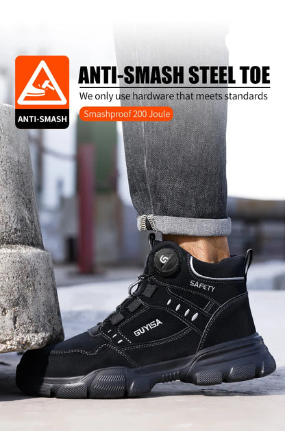 Men's Steel Head Work Shoes Anti Smash and Anti stab Khaki High Top Intelligent Buckle Simple Fashion Industrial Style Pr