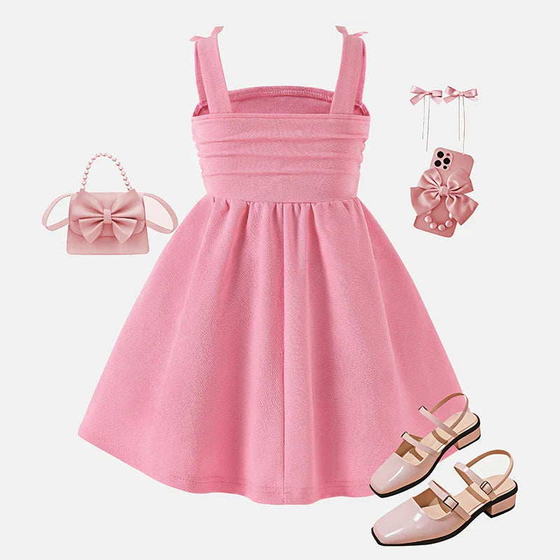 Girls 4-7 Fashion Dress, Sleeveless Square Neck Bow Embellished A-Line Dress, Soft and Cute for Daily Outfit