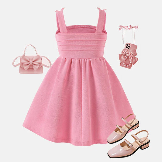 Girls 4-7 Fashion Dress, Sleeveless Square Neck Bow Embellished A-Line Dress, Soft and Cute for Daily Outfit