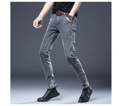 2026 New Gray Skinny Jeans Men's Slim Elastic Korean Fashion Vintage Casual Feet Male Clothing Denim Trousers 27-36