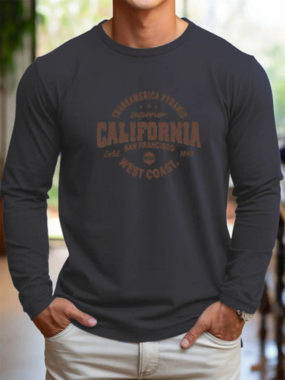 Men's 100% pure cotton loose and comfortable sports and leisure California letter printed round neck long sleeved T-shirt top
