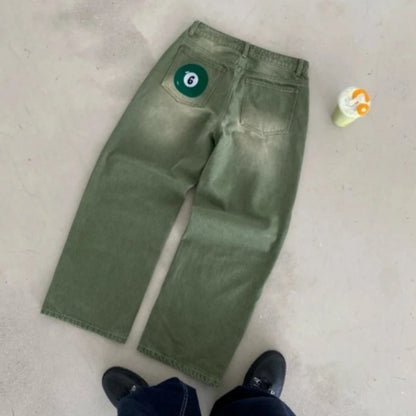Calça Jeans Retrô Y2K Matcha Lavada Borda de Bilhar Calça Jeans Bordada Moda de Londres Estilo de Nova York Streetwear Unissex Jeans Folgado
