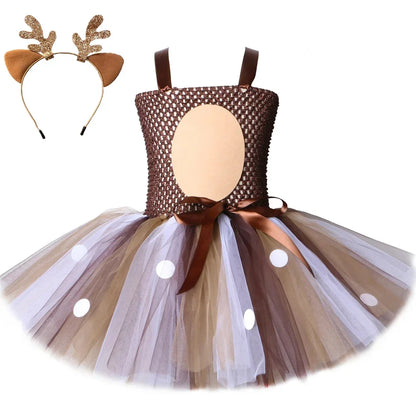 Deer Costume for Girls Christmas Tutu Dress Girls Fancy Elk Reindeer Dress Up Clothes Kids Halloween Birthday Party Costumes
