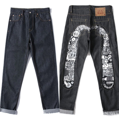 Men's Japanese Handmade Embroidered Jeans Pure Cotton Straight Tube Hip-Hop Popular Slim Red Ears Show Thin Trousers Devil Black