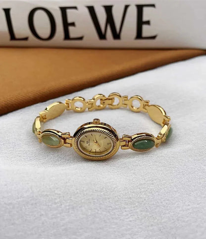 Women's Gold Watch Vintage Brown Jade Bracelet Small Dial Quartz Daily Wear Party Clock Luxury Waterproof Ladies Watches Gifts