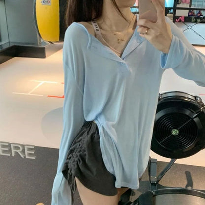 Korean Fashion Y2k Tank Top Long Sleeve V Collar Crop Top Button Sun Protection Frock Lady