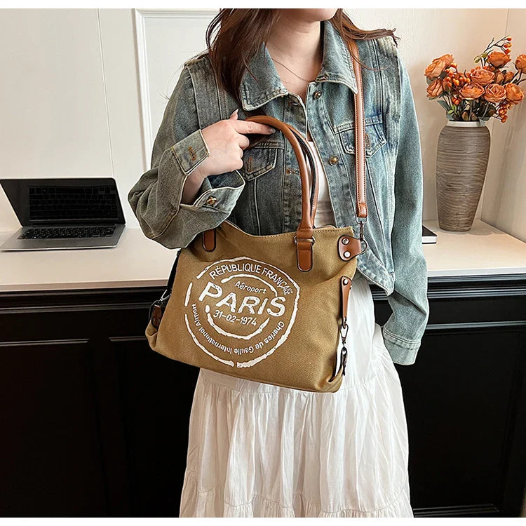 Portable Canvas New Trend Fashion Women's Bag Letter Large Capacity Tote Bag Leisure Commuting Single Shoulder Diagonal Span