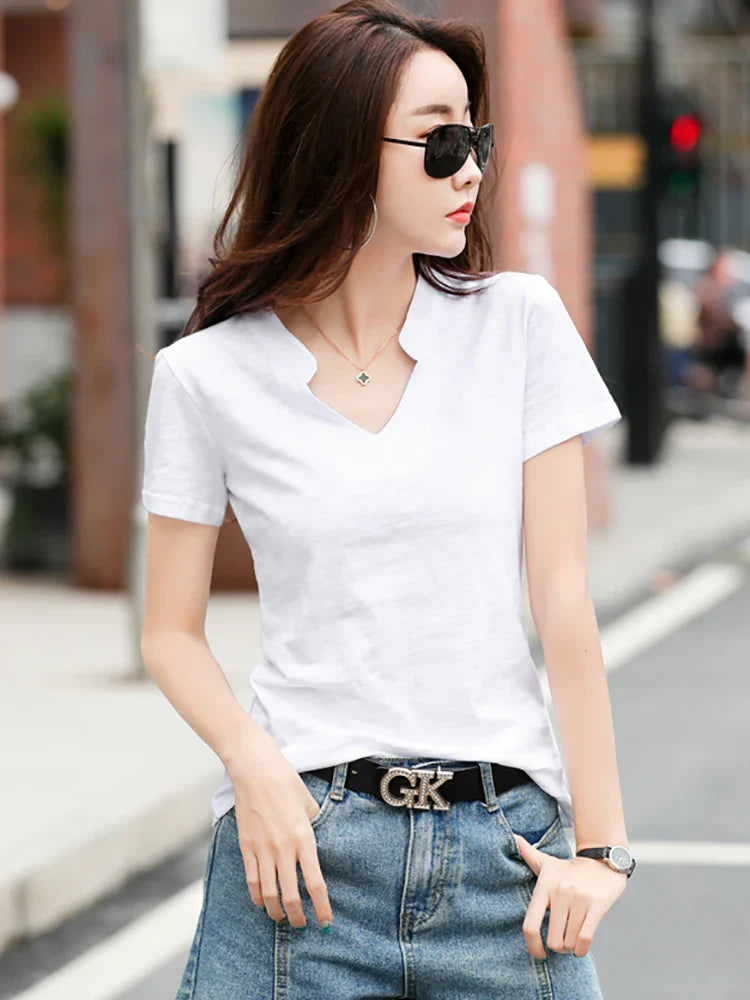 Summer Bamboo Cotton T-Shirt Cotton Women V-Neck Soft Tshirts Female Basic Fashion Classic S-3XL Ladies Tops