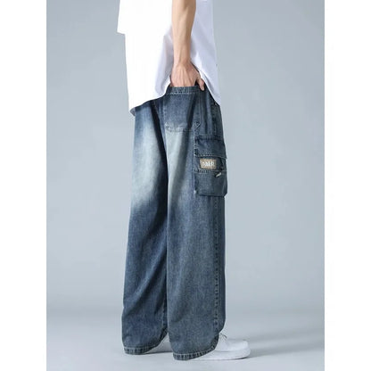 Summer Men's Straight Jeans Multi-Pockets Wide Leg Denim Cargo Pants 8XL 7XL 6XL Big Size Lightweight Baggy Solid Jeans Trousers