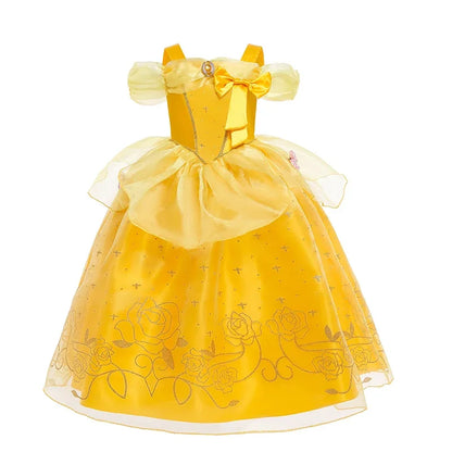 Disney Aniversário Festa Bela Fantasia Infantil Amarelo Malha Vestido de Baile Criança Cosplay Vestido de Festa Luxo para Menina Princesa Bela Noite