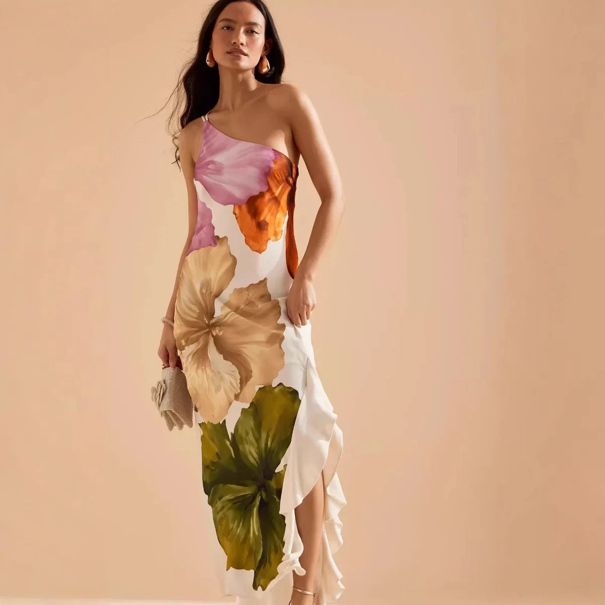 Fashion Women Printed Curling Edge Long Dresses Irregular One Shoulder Open Fork Gown Women Summer 2025 Party Vestidos