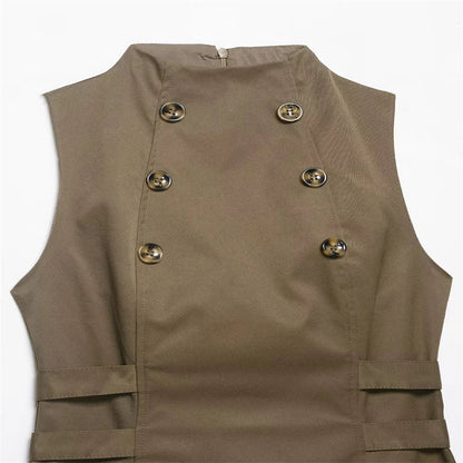 Women's two-tone double-breasted high-neck sleeveless top, waist-cinching slim-fit high-street casual women's vest, 2026 new