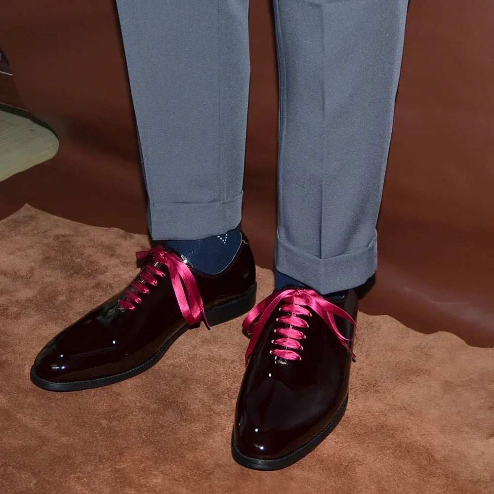 Luxury Men's Dress Shoes Burgundy Smooth Patent Leather Italian Whole Cut Plain Toe Oxford Lace-Up Wedding Party Formal Shoes