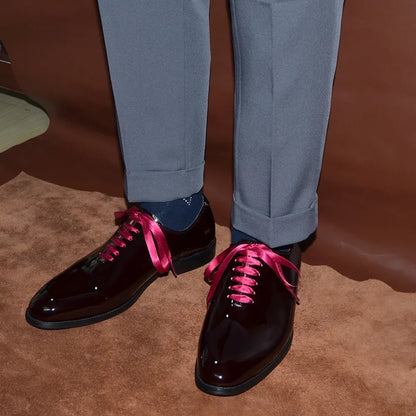 Luxury Men's Dress Shoes Burgundy Smooth Patent Leather Italian Whole Cut Plain Toe Oxford Lace-Up Wedding Party Formal Shoes
