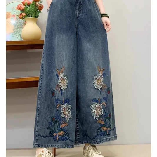 Retro Embroidered Denim Ethnic Jeans