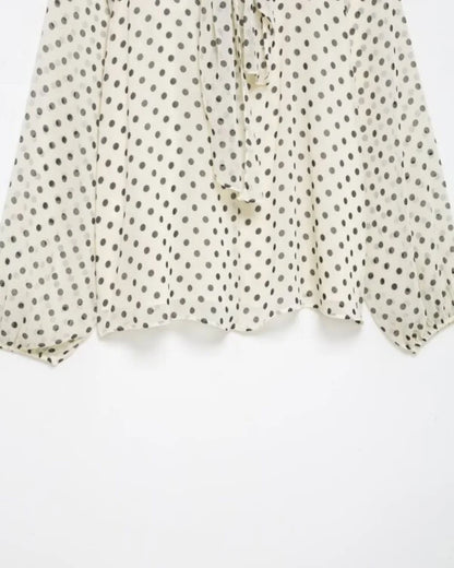 Elegant Women Polka Dot Blouse, Spring Bow Tie Lantern Sleeve Layered Neck Chiffon Shirt, Casual Daily Office Top