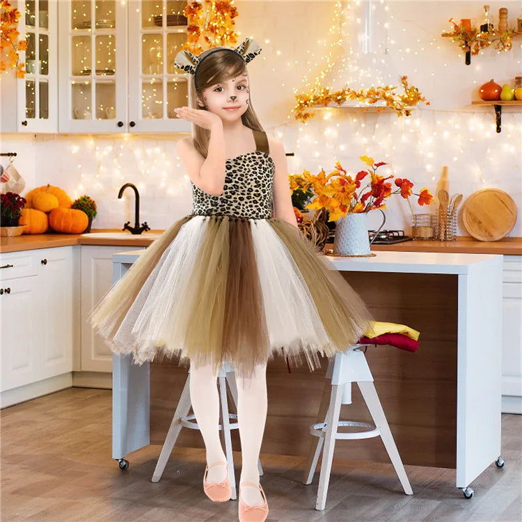 Novo Conjunto de Saia de Tule Roupa Infantil Cos Animal Alce Roupa de Halloween Vestido de Gatinho de Malha para Meninas Vestido para Apresentação Escolar