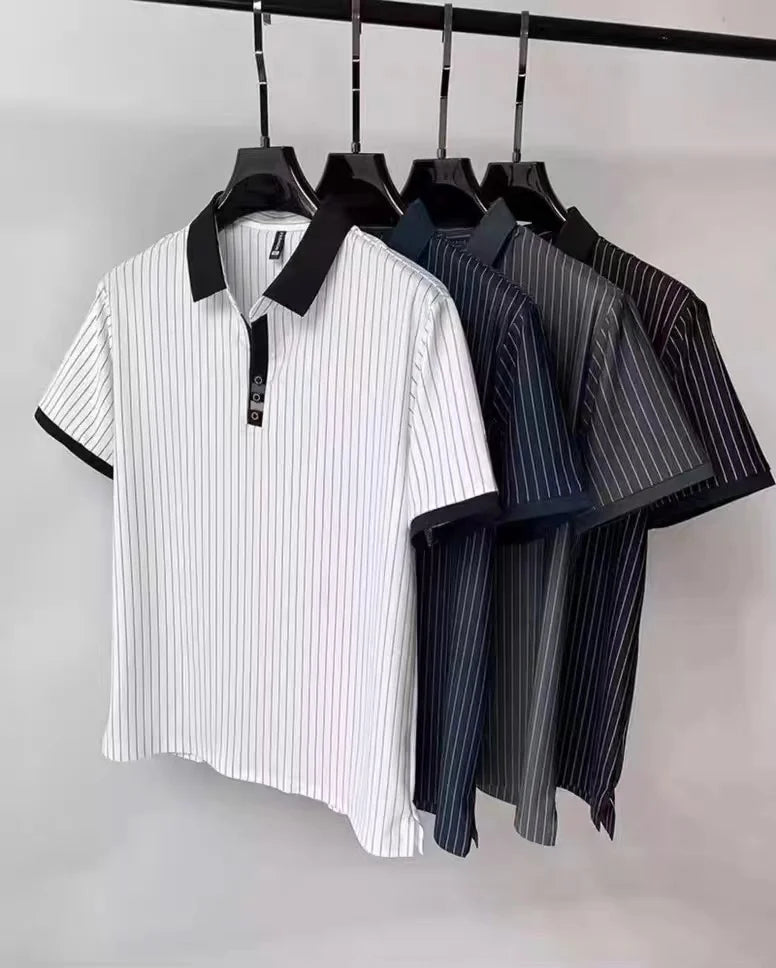 Brand striped design men's short sleeve fashionable polo shirt 2024 summer new cool and breathable casual lapel golf T-shirt