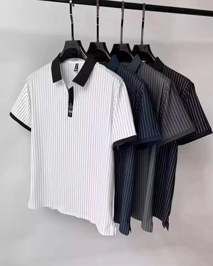 Brand striped design men's short sleeve fashionable polo shirt 2024 summer new cool and breathable casual lapel golf T-shirt