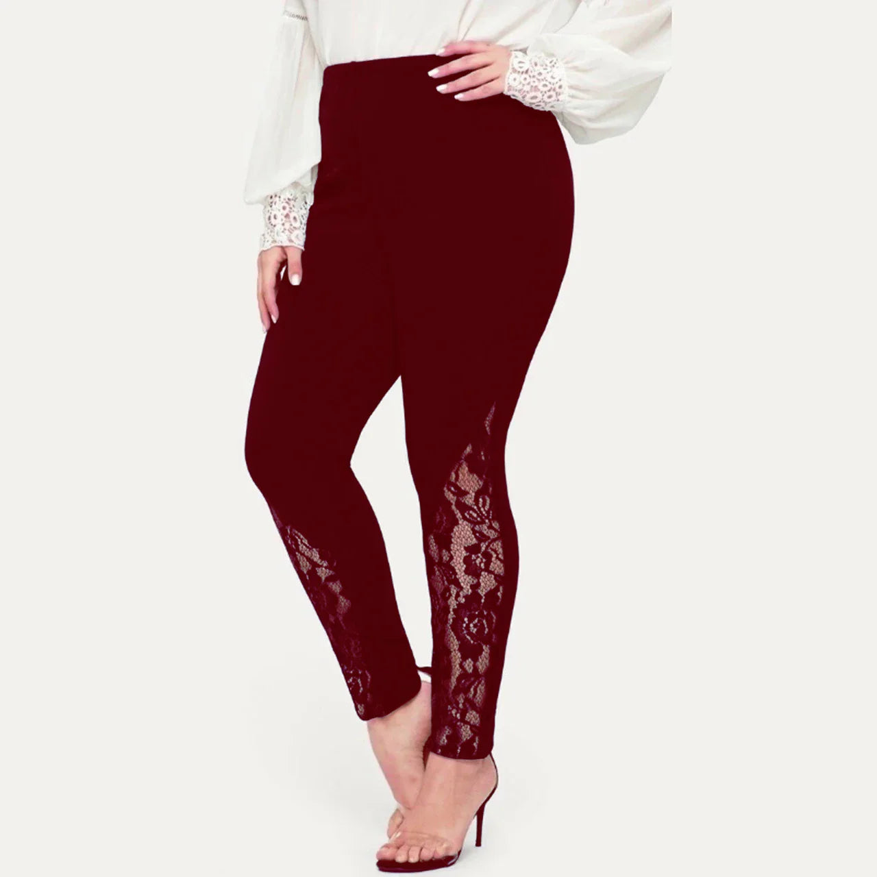 Women's leggings with lace patchwork and contrasting hollow out design