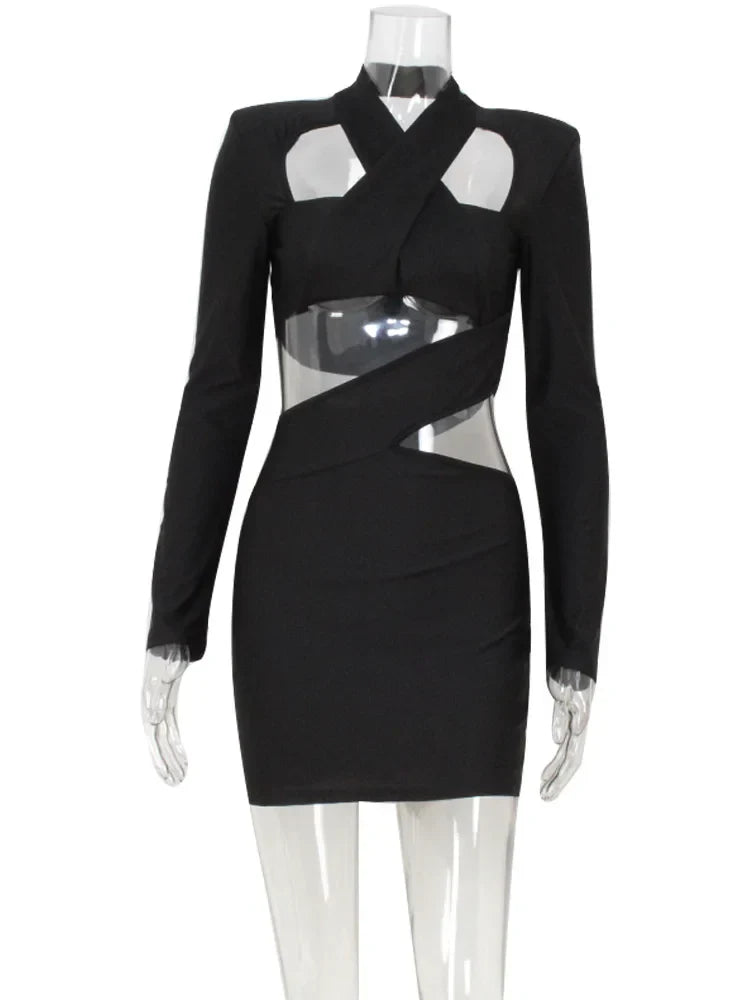 Hollow Out Solid New Sytle Hip Wrap Outfits Women Dresses Long Sleeve V Neck Fashion Party Sheath Lady Female Evening
