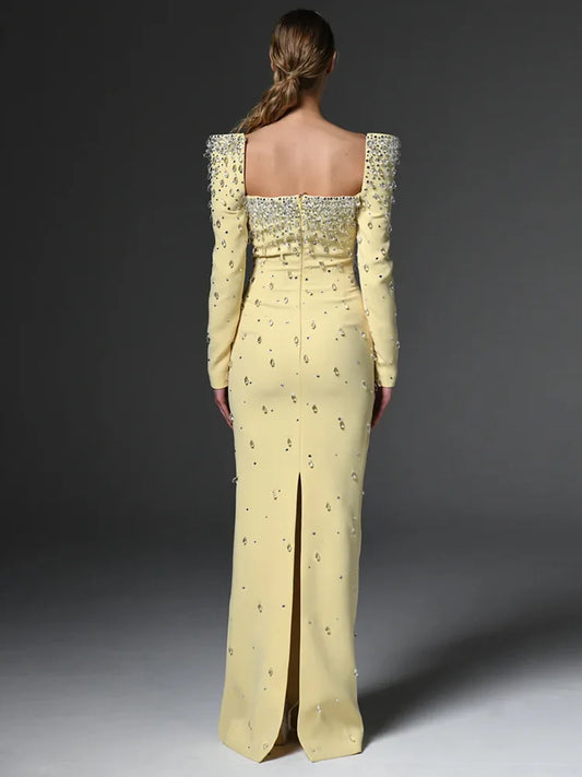 Newest Fashion 2026 Designer Vestido Women's Square Collar Beading Diamonds Long Sleeve Maxi Dress