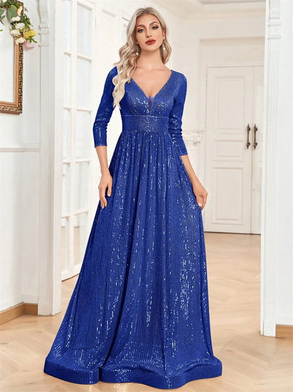 Luxury V Neck Long Sleeves Blue Sequins Formal Evening Dress Women 2024 Wedding Party Prom Maxi Cocktail Dress Gowns