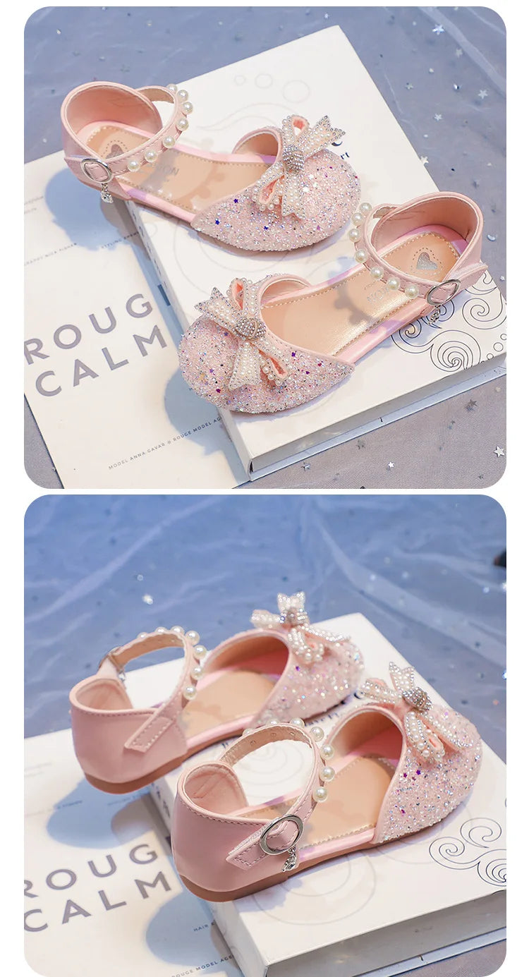 2026 Girls' Princess Shoes Spring And Summer Sandals White Flat Dress Shoes Pearl Decoration For Kids And Teens