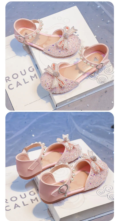 2026 Girls' Princess Shoes Spring And Summer Sandals White Flat Dress Shoes Pearl Decoration For Kids And Teens