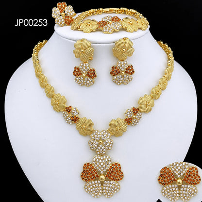 Dubai Nigeria Jewelry Sets For Women Luxury Design Five Petals Flower Pendant Necklace Earring Bracelet And Ring