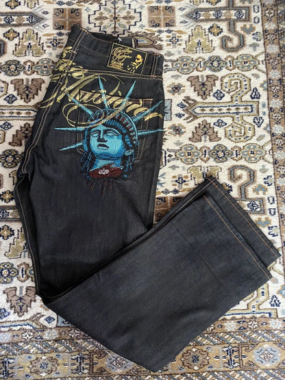 Harajuku Y2k 2000s Women Clothing Vintage Statue of liberty Diamonds Jeans Casual Denim Pants High Waist Straight Wide Leg Jeans